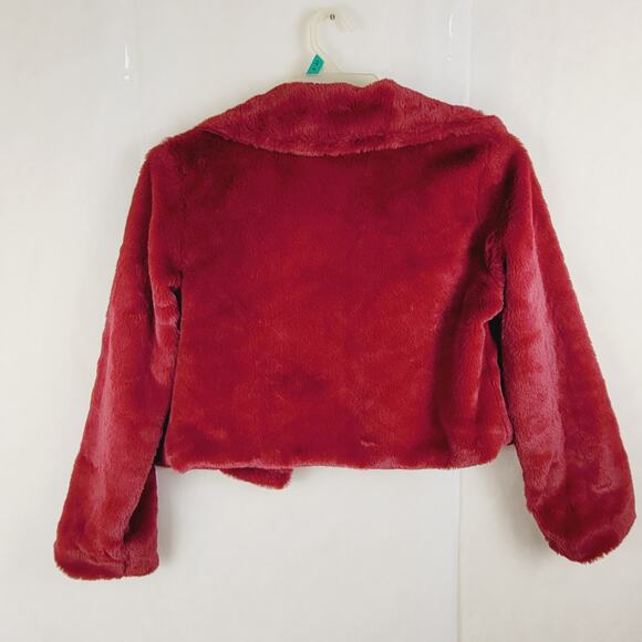 Plush faux fur cropped open front jacket maroon red size Med Luxe Soft Maximal - Picture 2 of 6